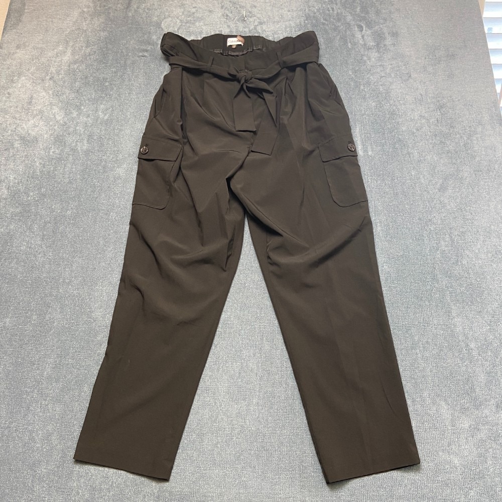 Calvin Klein Cargo Pants Womens Large Black Tie Belt High Waist Straight Leg